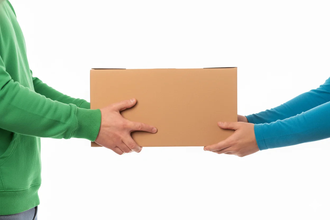 Two people exchanging a cardboard box containing CleanForge instruments with a white background