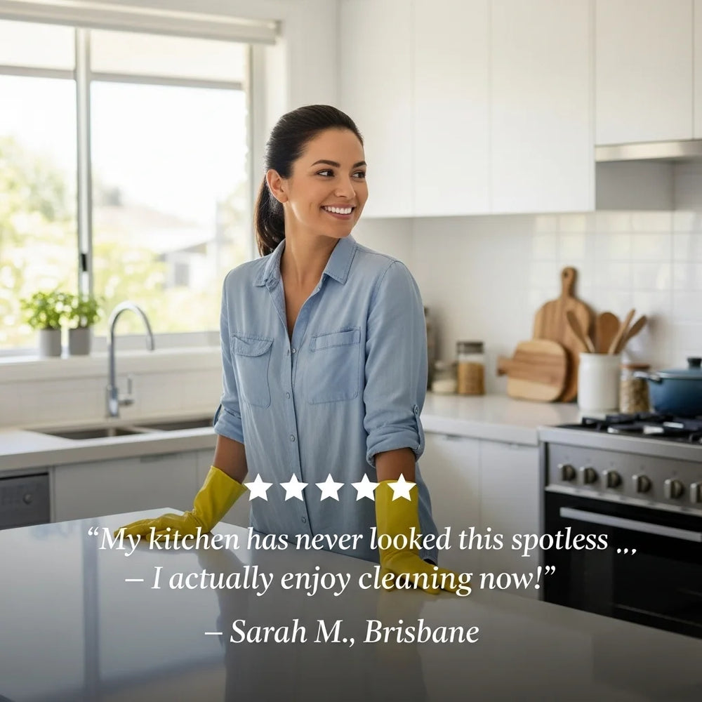 Woman in a kitchen, showing CleanForge sparkle, wearing yellow cleaning gloves with a quote from Sarah M., Brisbane.