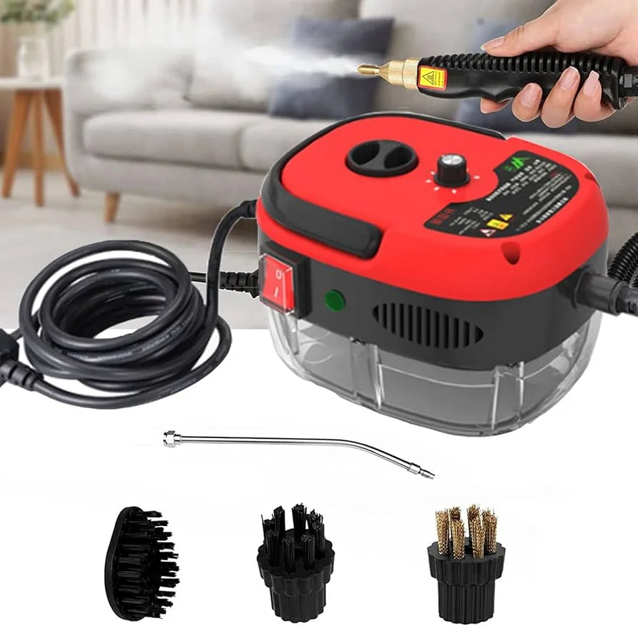 Red and black steam cleaner with attachments on a white background