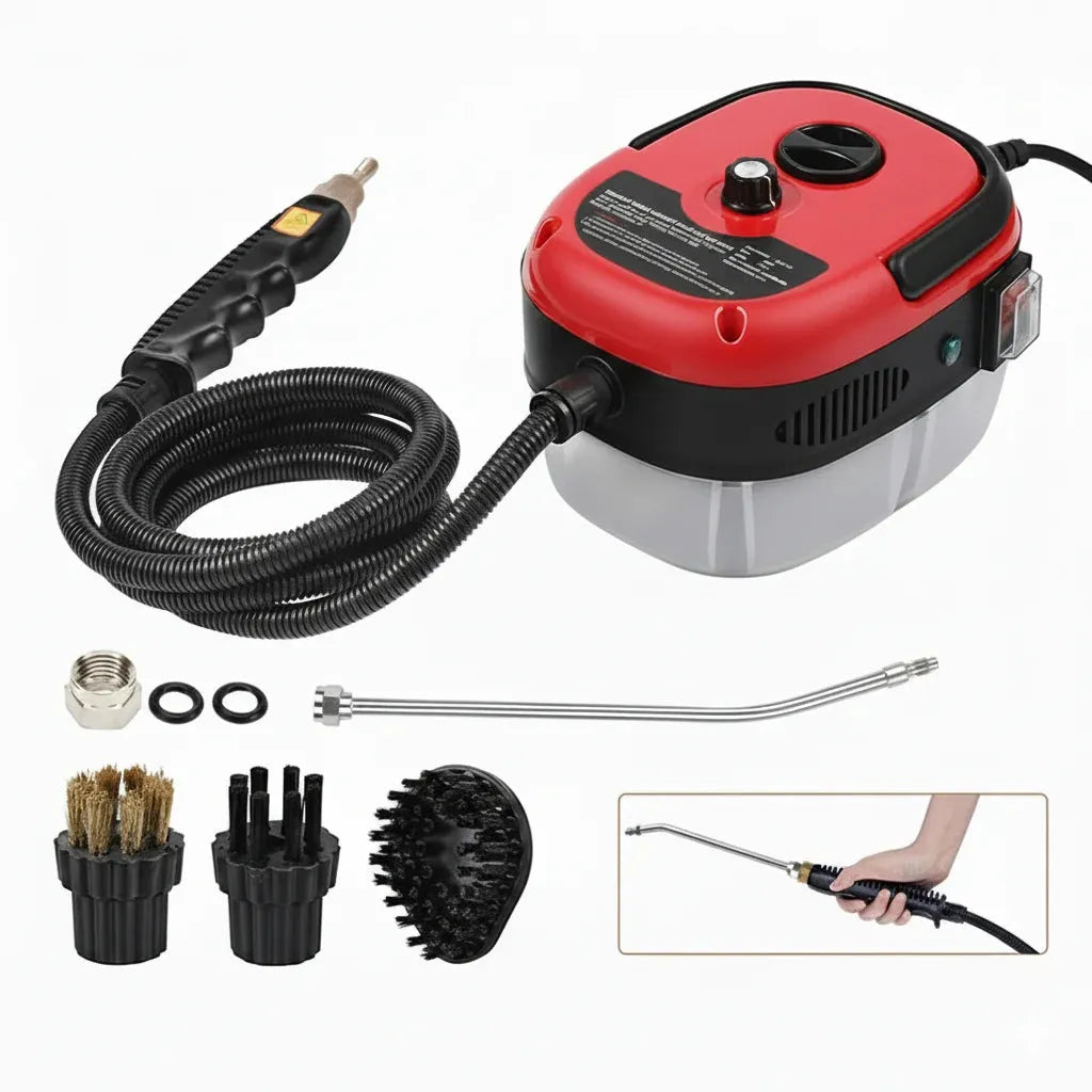 Red and black steam cleaner with various nozzles and attachments on a white background