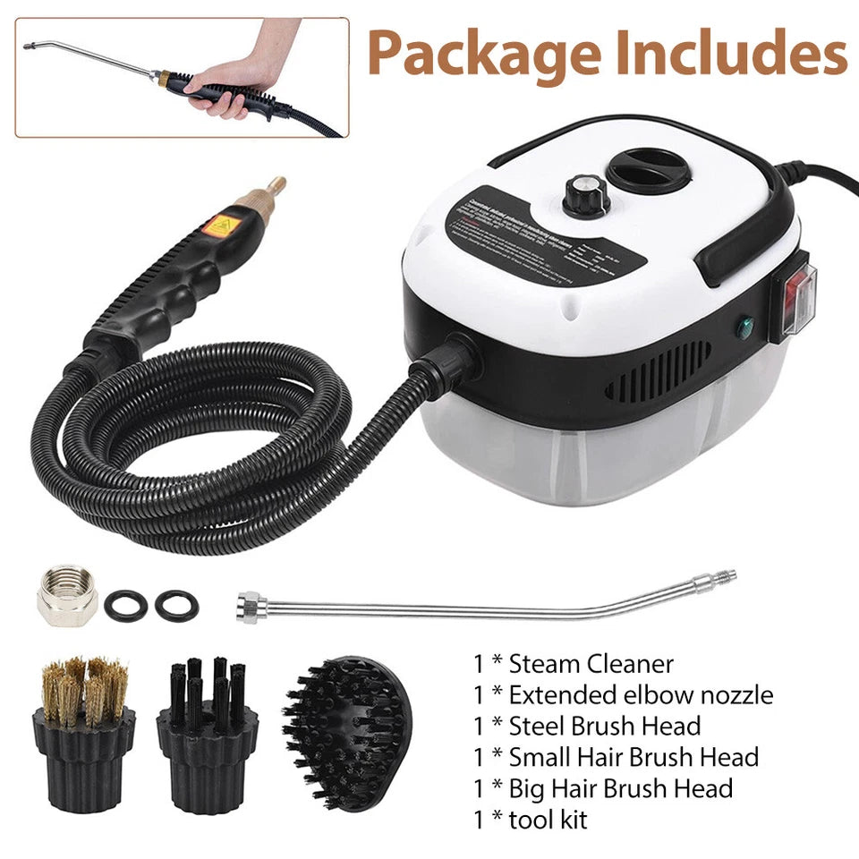 Steam machine package with various attachments on a white background
