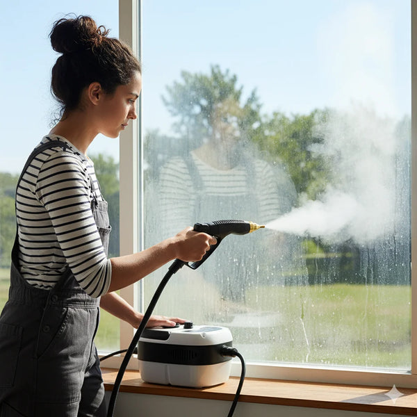 Person cleaning a window with a steam cleaner on a sunny day.