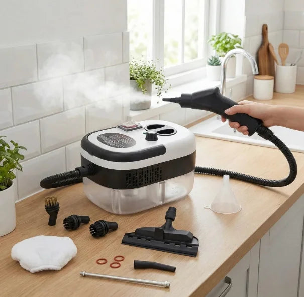 Steam vacuum cleaner with attachments on a kitchen counter
