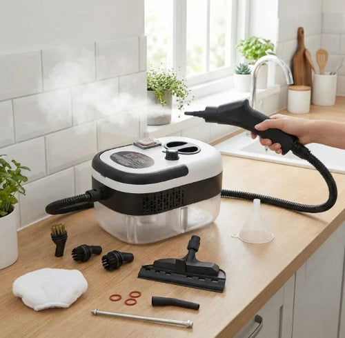 Steam vacuum cleaner with attachments on a kitchen counter