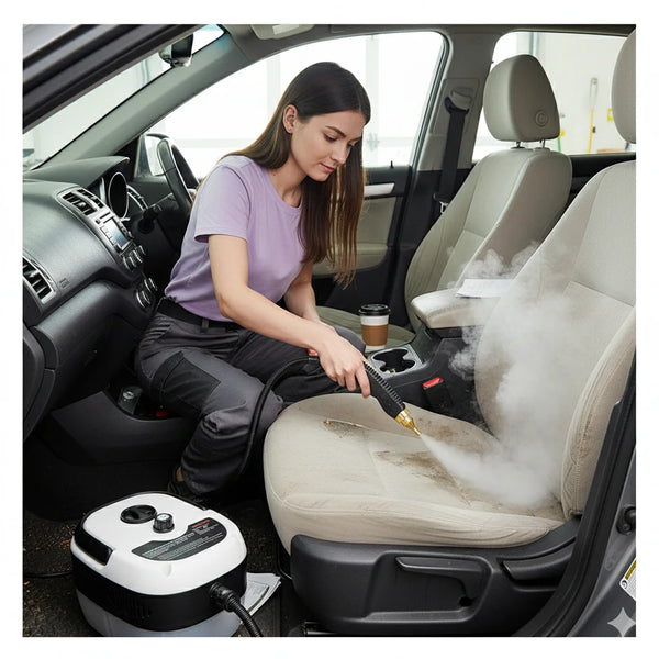 Woman cleaning car interior with a steam vacuum cleaner